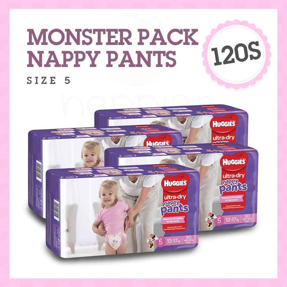 'Monster' Huggies Ultra Dry Nappy Pants Stage 5 (Walker) Girls 12-17kg - 120s Nappy Pants-0