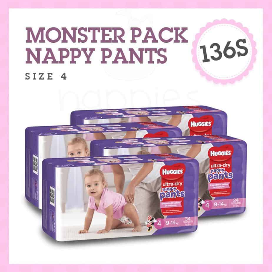 'Monster' Huggies Ultra Dry Nappy Pants Stage 4 (Toddler) Girls 9-14kg - 136s Nappy Pants-0