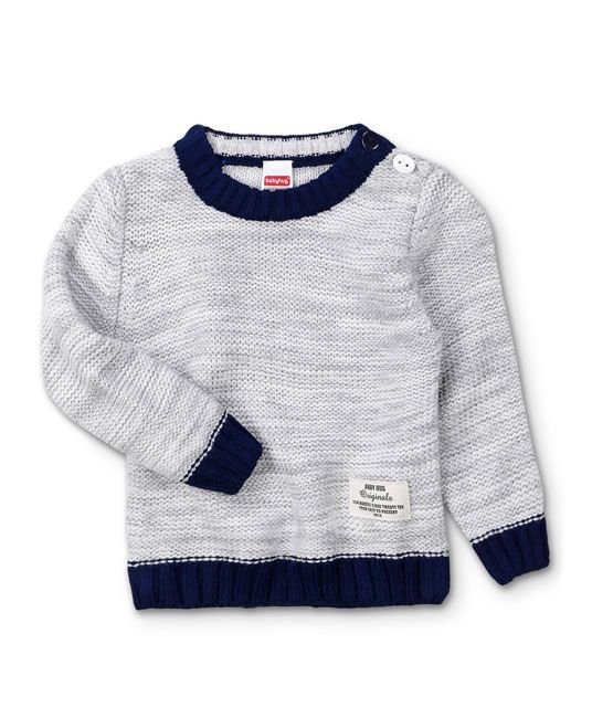 Baby Full Sleeves Solid Color Contrast Round Neck Sweater - Grey-0