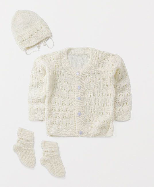 Baby Full Sleeves Sweater Cap And Booties Set - Cream-0