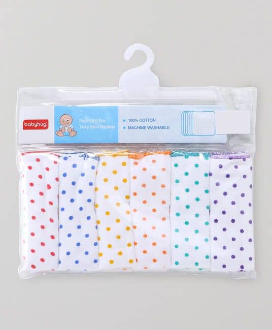 Baby Terry Face Napkins Polka Dot Print Pack Of 6 - Multicolor-4549