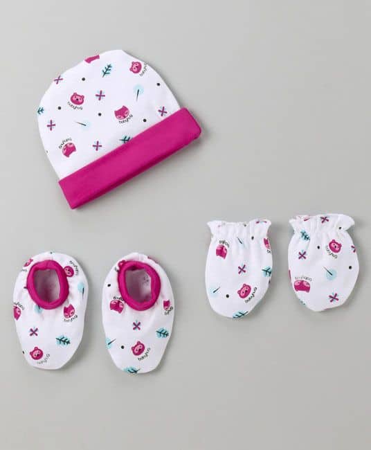 Baby Cap Mittens & Booties Set Animal Print - White & Pink-0