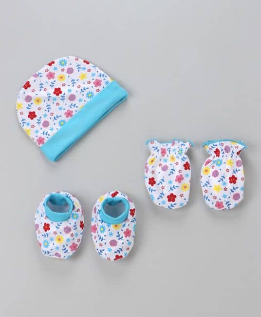 Baby Cap Mittens & Booties Set Floral Print - Sky Blue-0