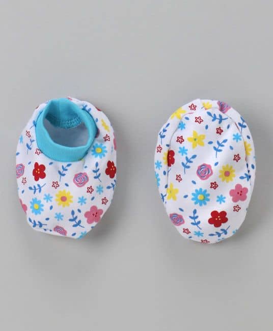 Baby Cap Mittens & Booties Set Floral Print - Sky Blue-2658