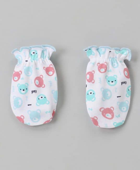 Baby Cap Mittens & Booties Set Bear Print - Light Blue-2677