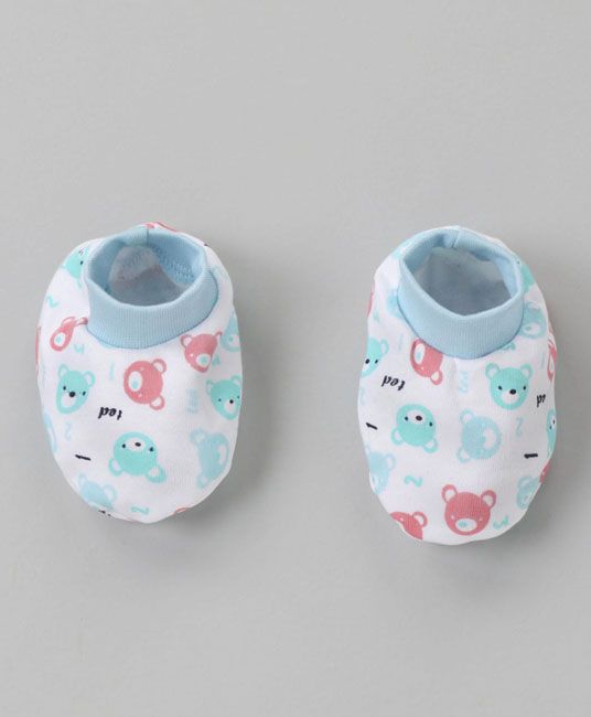 Baby Cap Mittens & Booties Set Bear Print - Light Blue-2679
