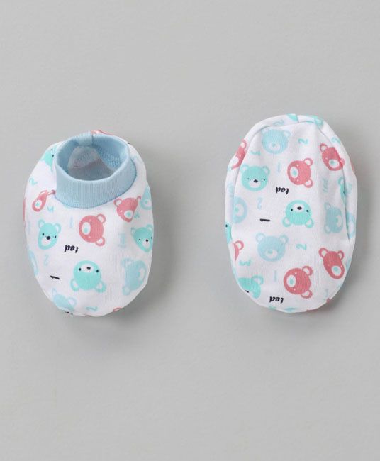 Baby Cap Mittens & Booties Set Bear Print - Light Blue-2680