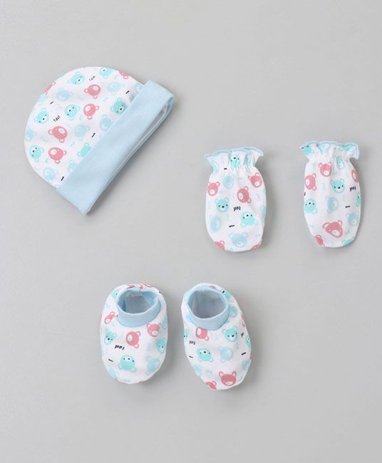 Baby Hat Mittens & Booties Set Bear Print Design- Light Blue-0 to 3 Months-0