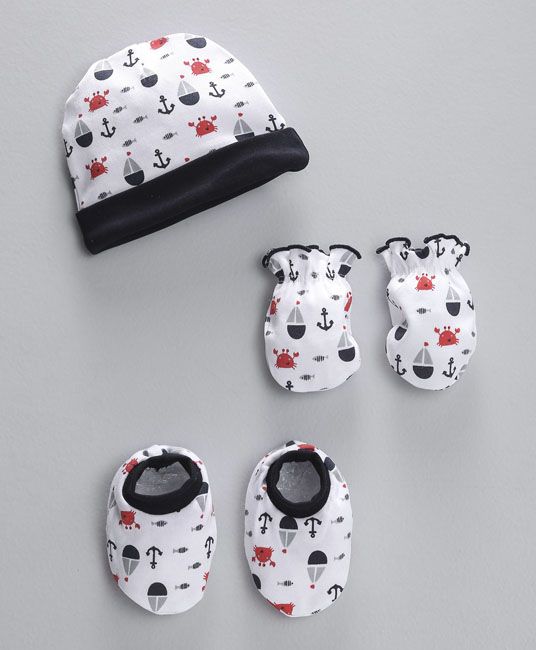 Baby Cap Mittens & Booties Set Anchor Print - Black & White-0