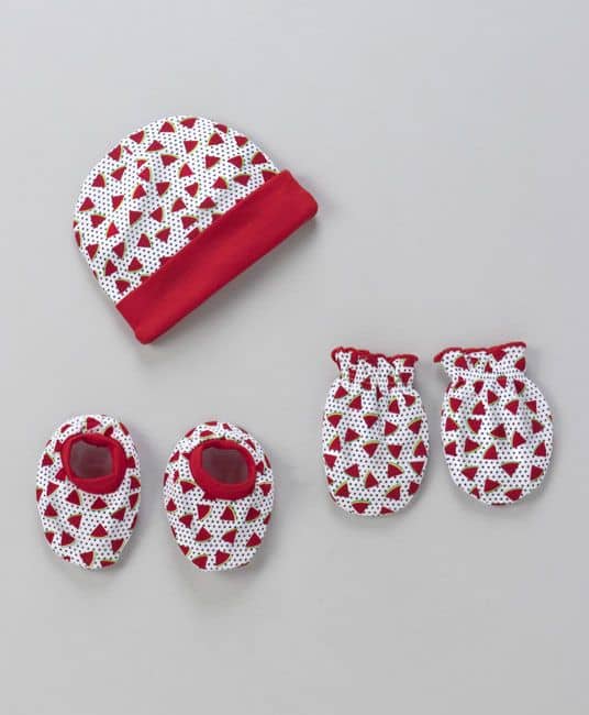 Baby Cap Mittens & Booties Set Watermelon Print - Red-0
