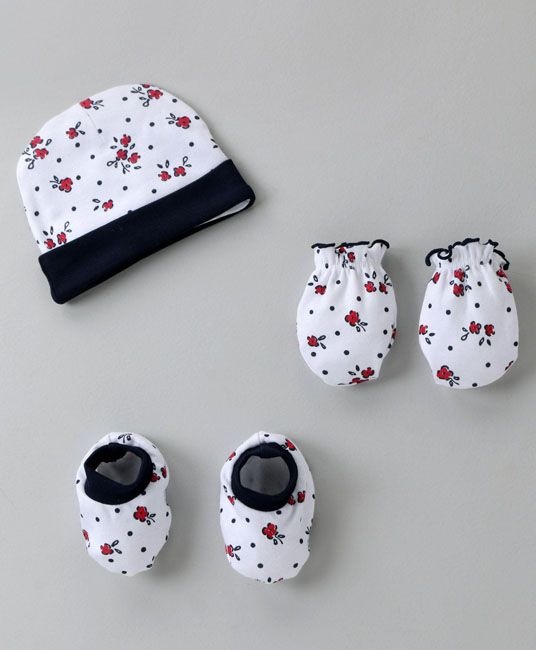 Baby Cap Mittens & Booties Set Floral Print Design - Black & White-0 to 3 Months-0
