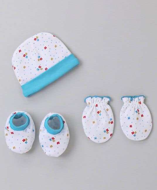 Baby Cap Mittens & Booties Set Dot Print Design- Blue-Newborn-0