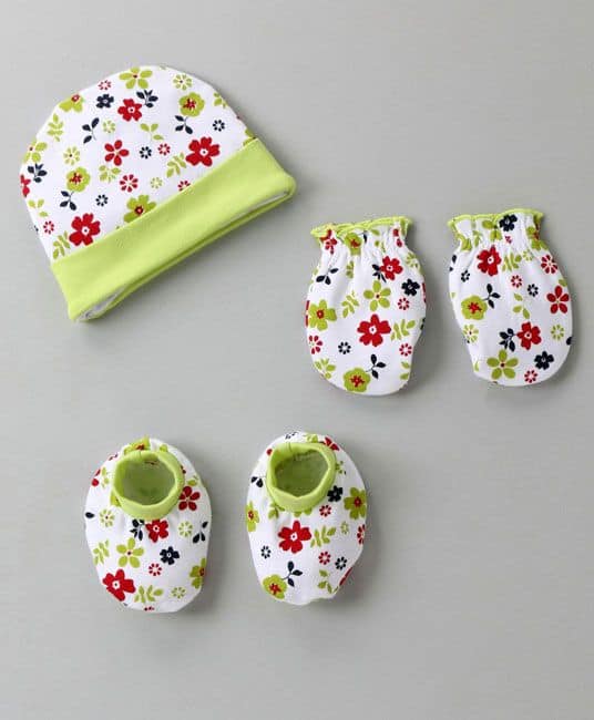 Baby Cap Mittens & Booties Set Floral Print Design - Light Green & White-Newborn-0