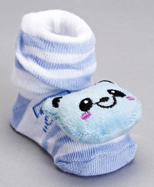 Baby Socks Shoes Smiley Bear Applique - Blue White-0