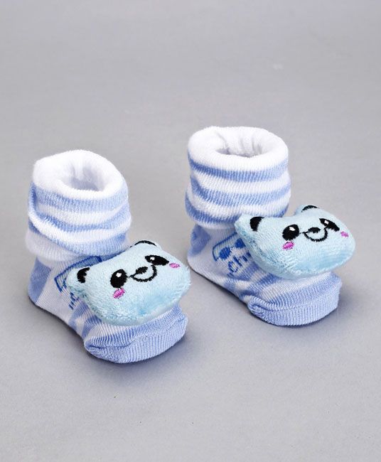Baby Socks Shoes Smiley Bear Applique - Blue White-4089