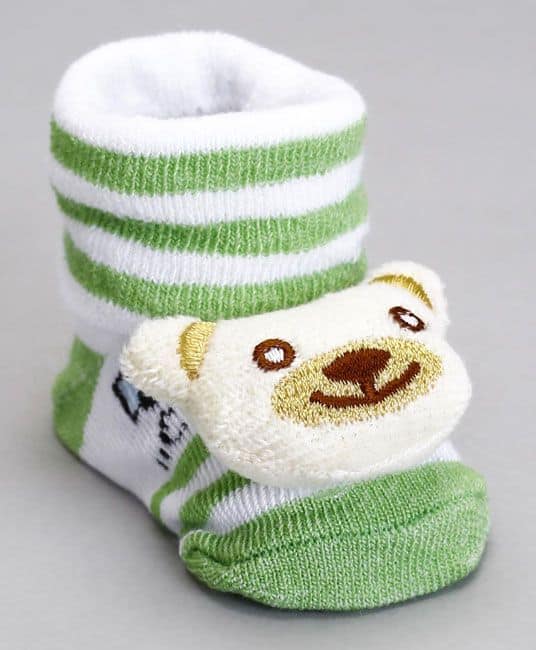 Baby Socks Shoes Bear Face Applique - Green & Cream-0