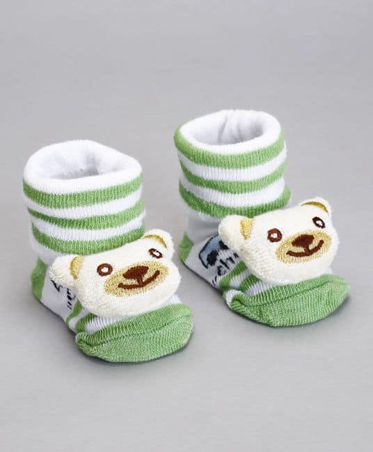 Baby Socks Shoes Bear Face Applique - Green & Cream-4094