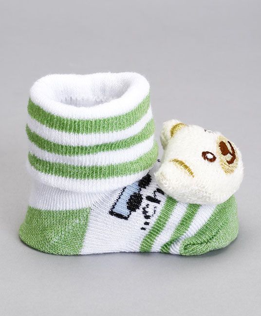 Baby Socks Shoes Bear Face Applique - Green & Cream-4095