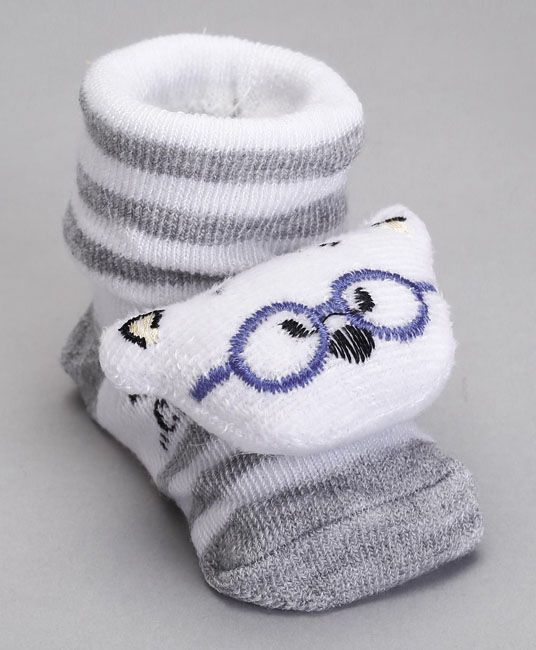 Baby Socks Shoes Kitty Face Applique - Grey & White-0