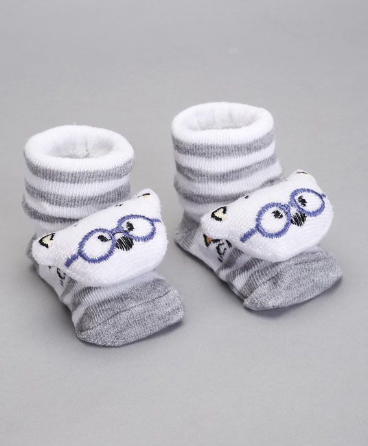 Baby Socks Shoes Kitty Face Applique - Grey & White-4104
