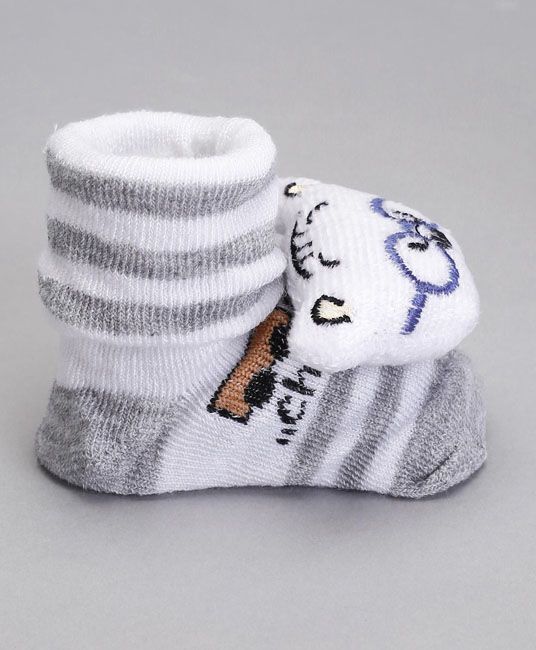 Baby Socks Shoes Kitty Face Applique - Grey & White-4105