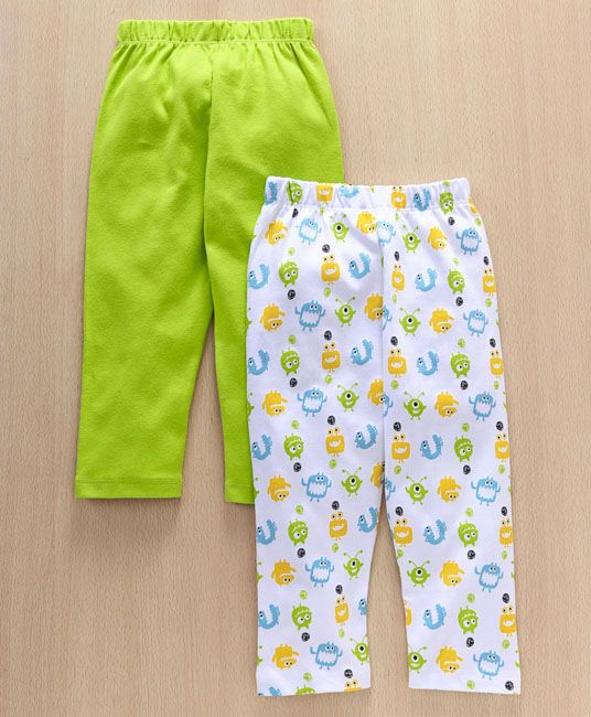 Baby Full Length Lounge Pant Monster Print Design Pack of 2 - Green & White-12 to 18 Months-0