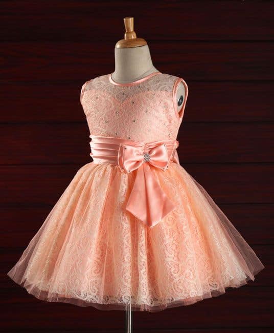 Baby Embroidered Net Flared Party Frock Bow Motif Applique - Peach-18 to 24 Months-0