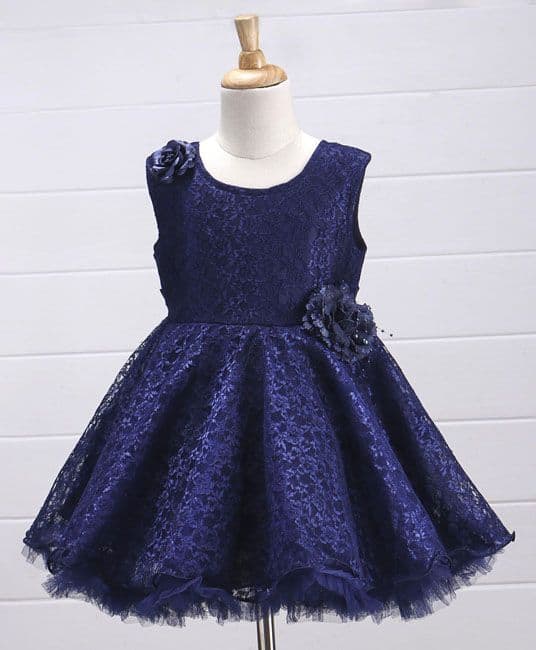 Baby Embroidered Net Party Frock Floral Applique and Corsage - Navy-12 to 18 Months-0