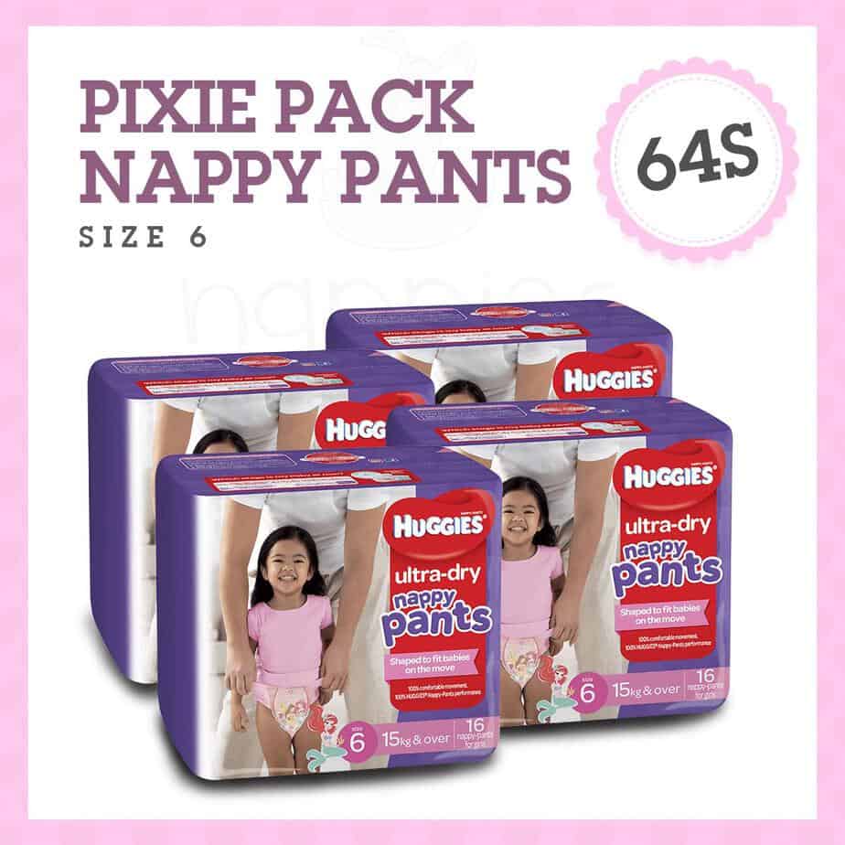 Pixie Box' Huggies Ultra-Dry Nappy Pants Stage 6 Girl 15kg+ (Junior) 64s-0