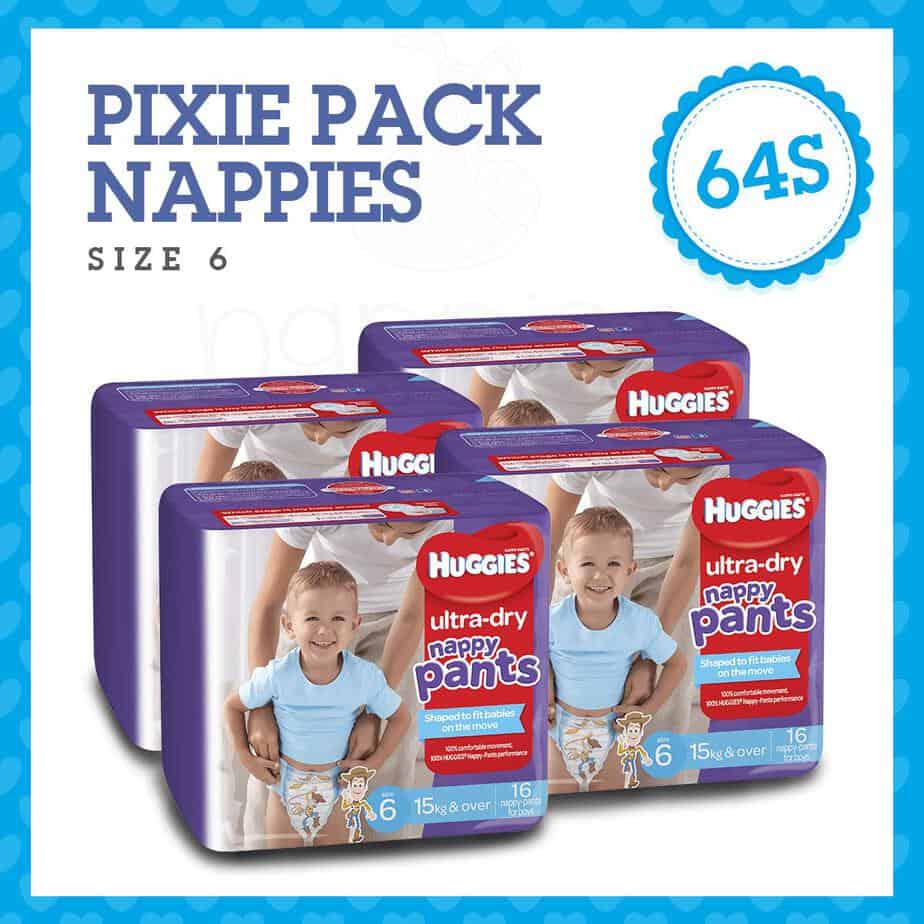 Pixie Box' Huggies Ultra-Dry Nappy Pants Stage 6 Boy 15kg+ (Junior) 64s-0