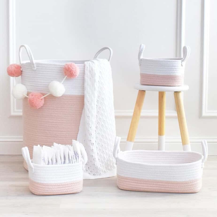 Living Textiles 100% Cotton Rope Hamper - Blush/White-11748